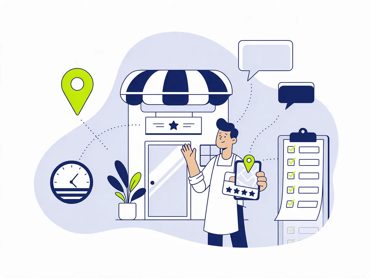 Illustration of a shop owner waving outside his shop, holding a phone with a map pin and star rating, beside a ticked clipboard checklist