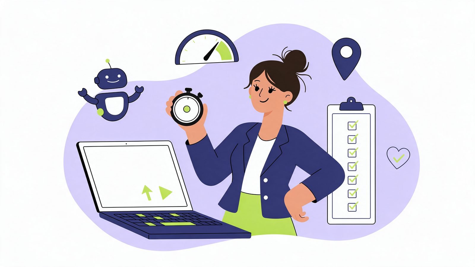 Illustration of a woman holding a stopwatch beside a laptop and a ticked checklist, with crawler, speed and map icons
