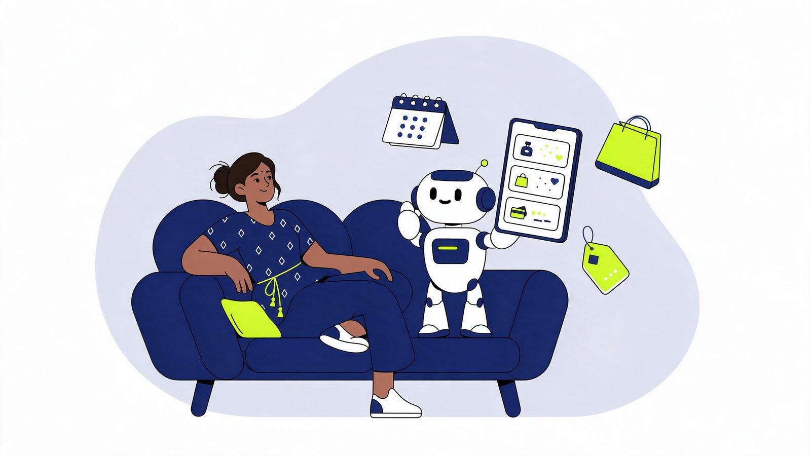 Illustration of a woman relaxing on a sofa while a friendly robot assistant shows her three shop options on a phone