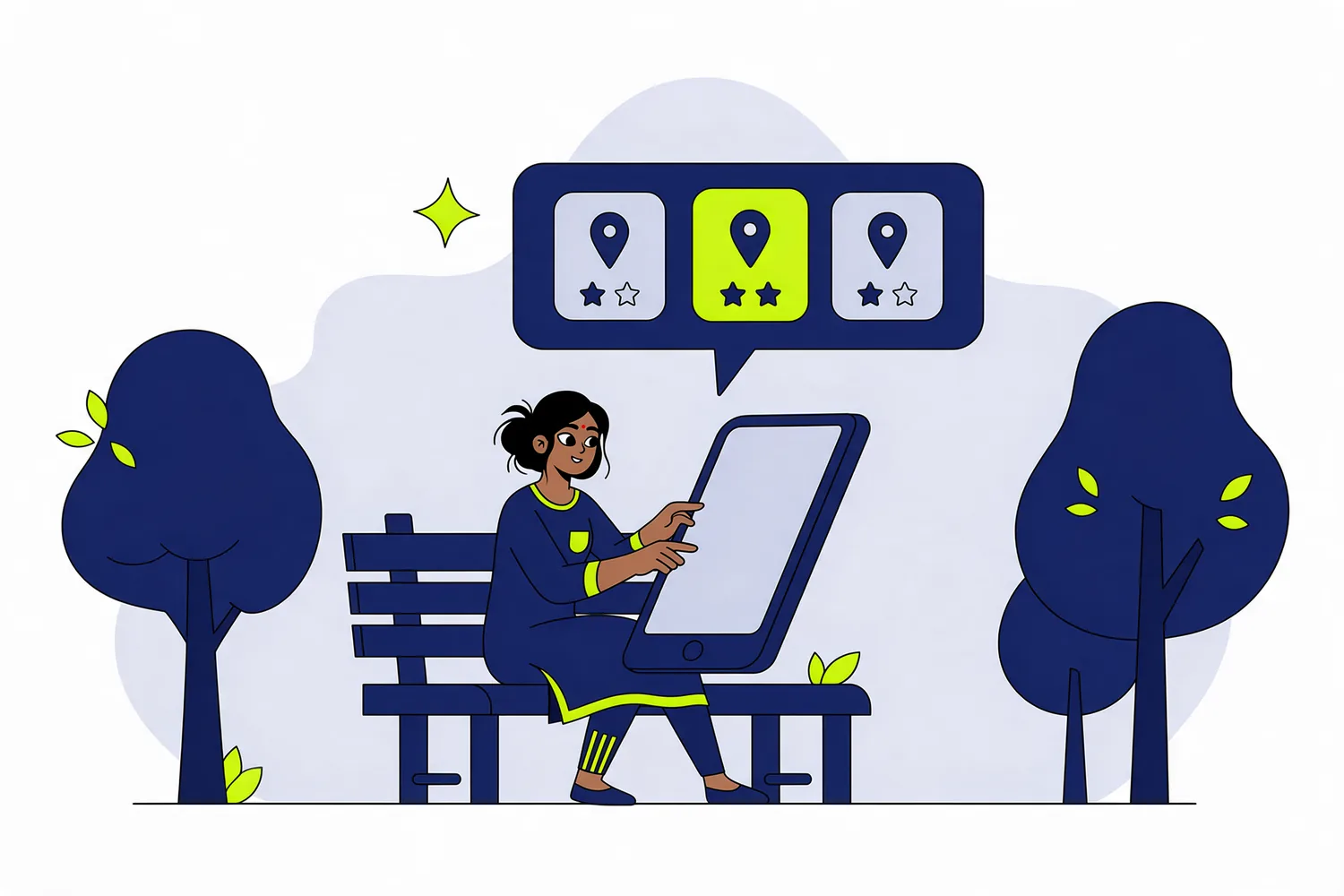 Illustration of a woman on a bench asking her phone a question and getting three place cards, one highlighted