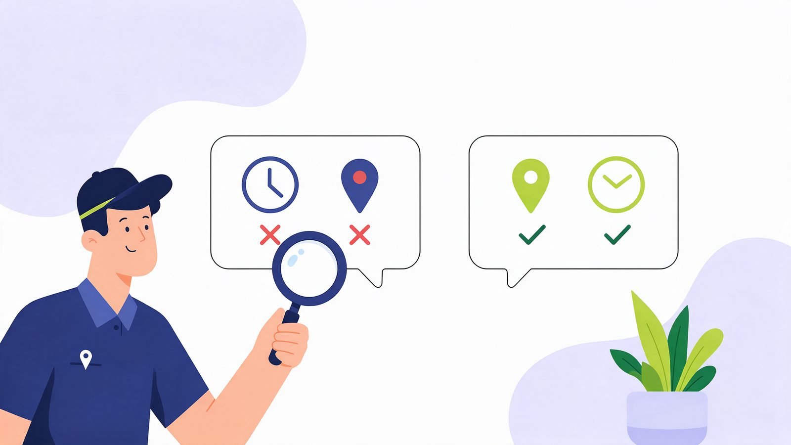 Illustration of a shop owner with a magnifying glass checking a chat answer with a wrong clock and map pin, next to the corrected details with green ticks
