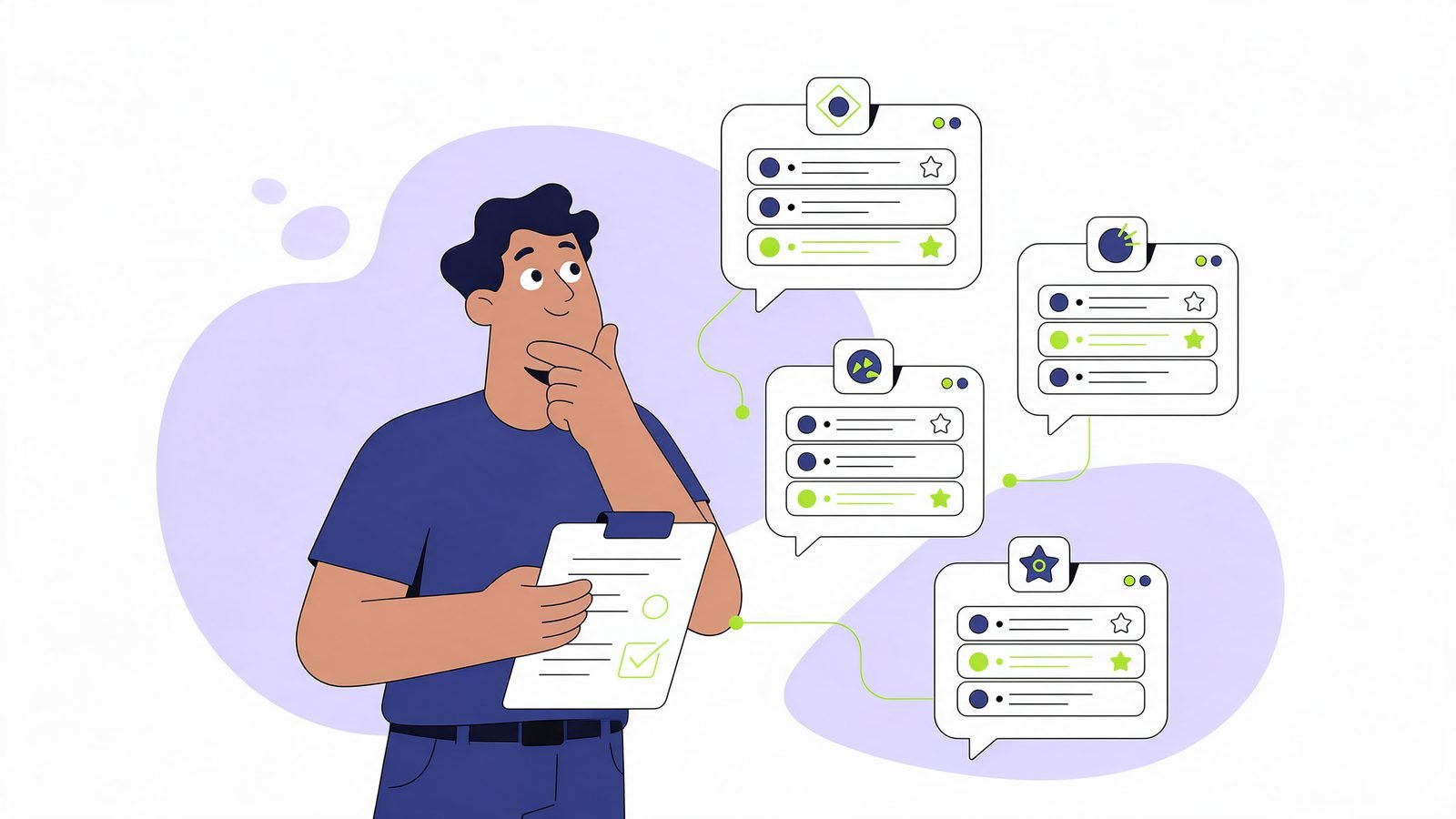 Illustration of a man with a checklist looking at four AI assistant answers, each with one business highlighted