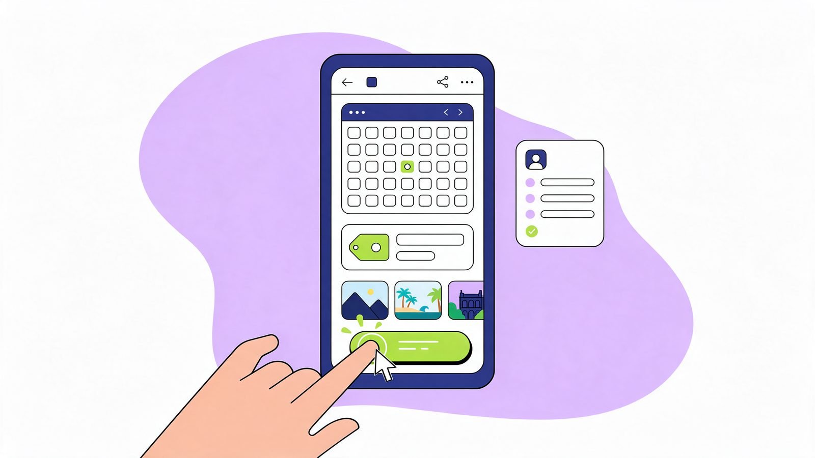 Illustration of a finger tapping a booking button on a phone showing a calendar, a price tag and photos