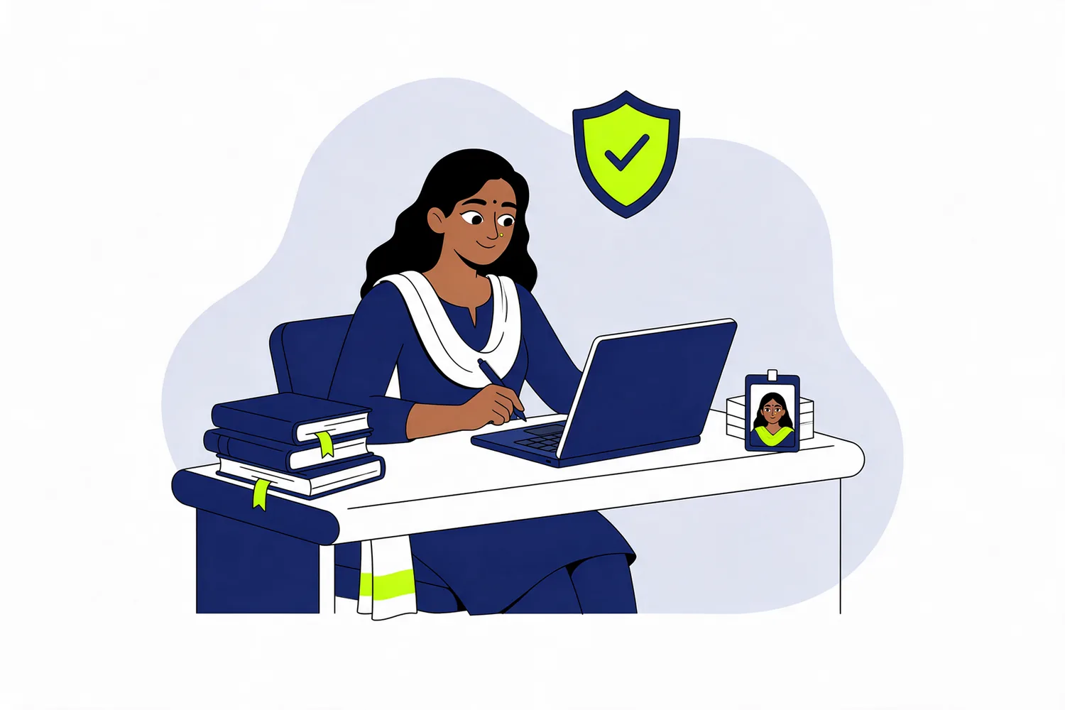 Illustration of a writer at a laptop with her name badge, reference books and a trust shield