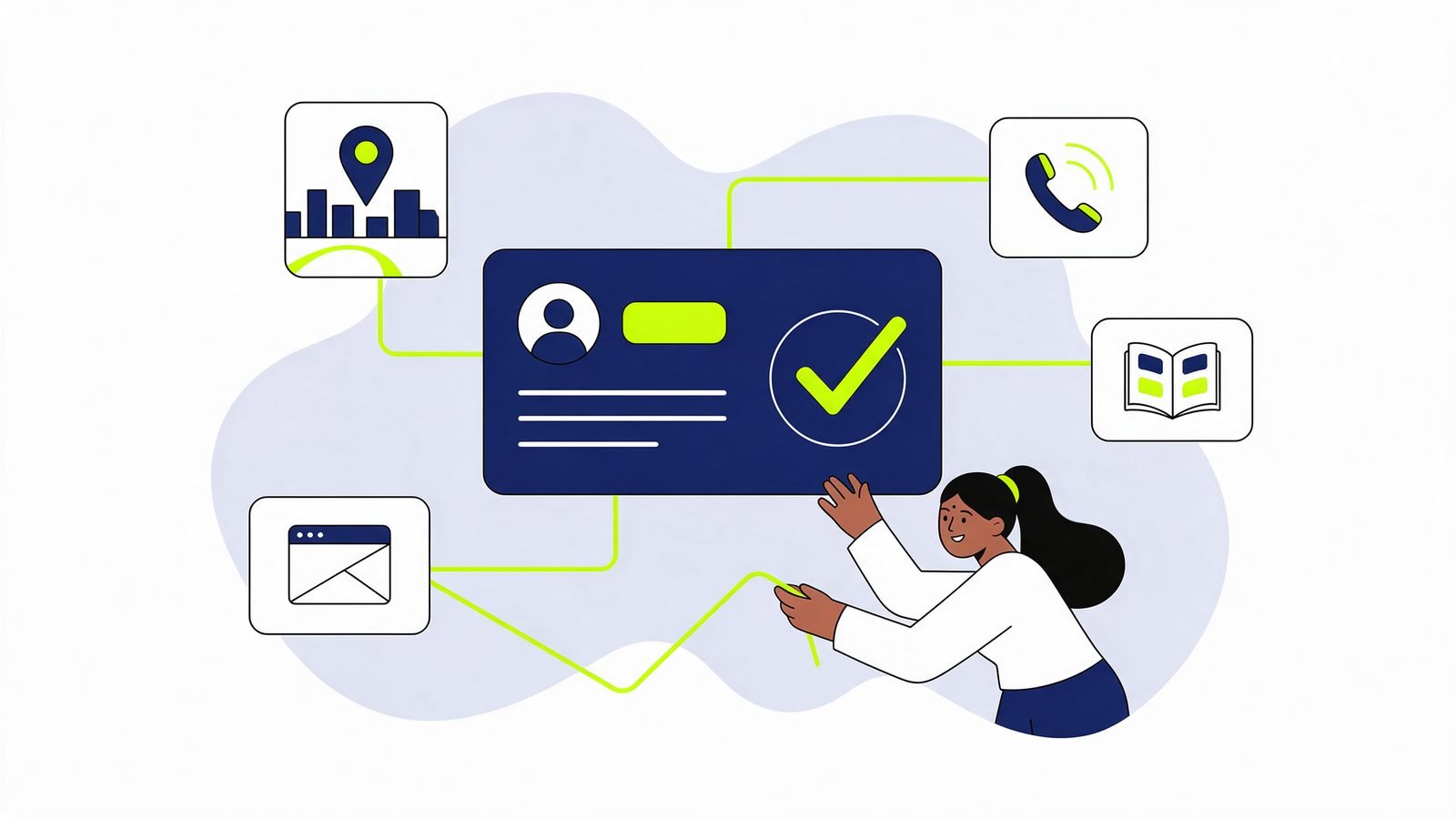 Illustration of a woman connecting scattered map, phone, website and directory cards into one business card with a tick
