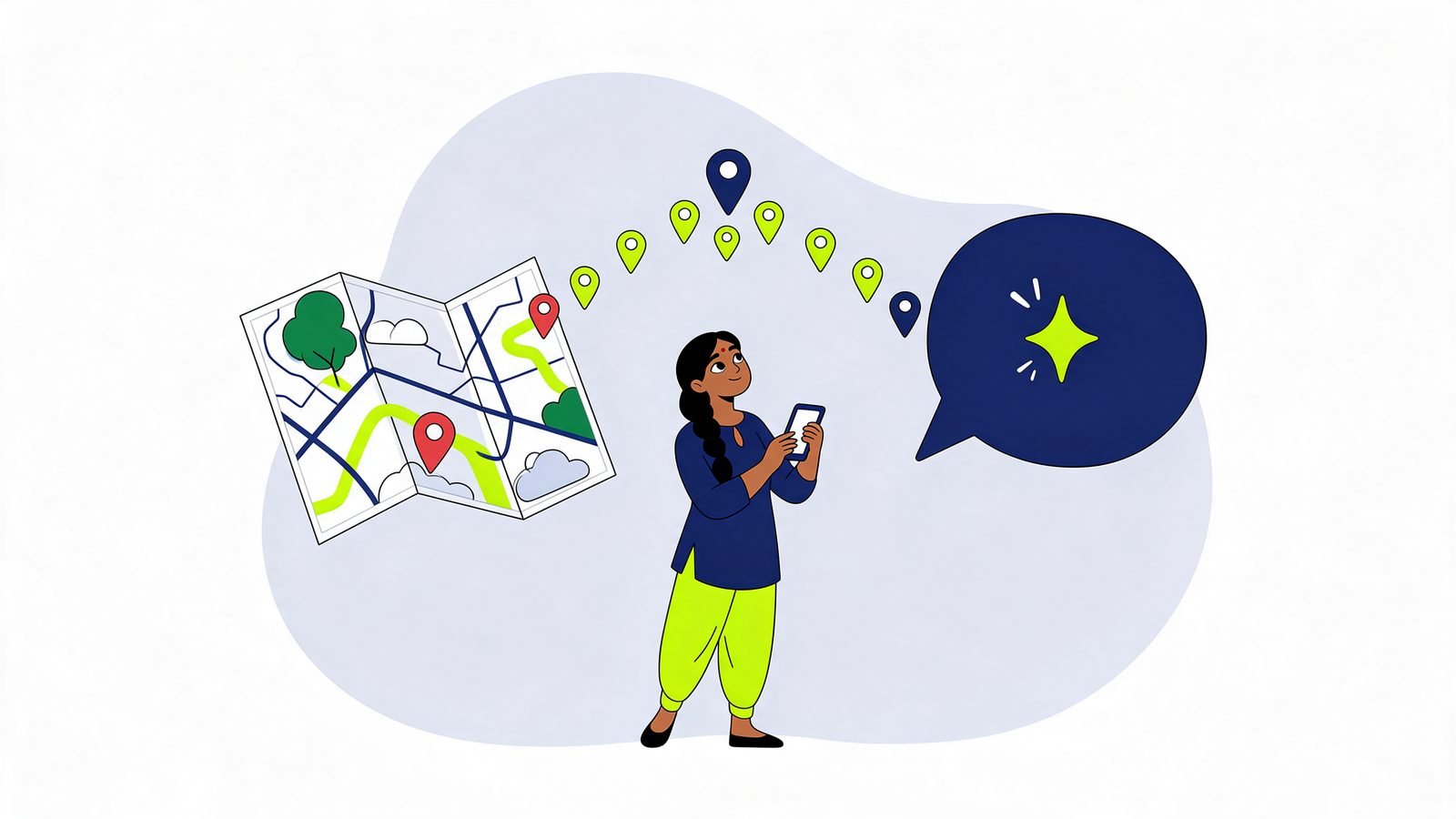 Illustration of a woman with a phone between a paper map and an AI chat bubble, with map pins arcing between them
