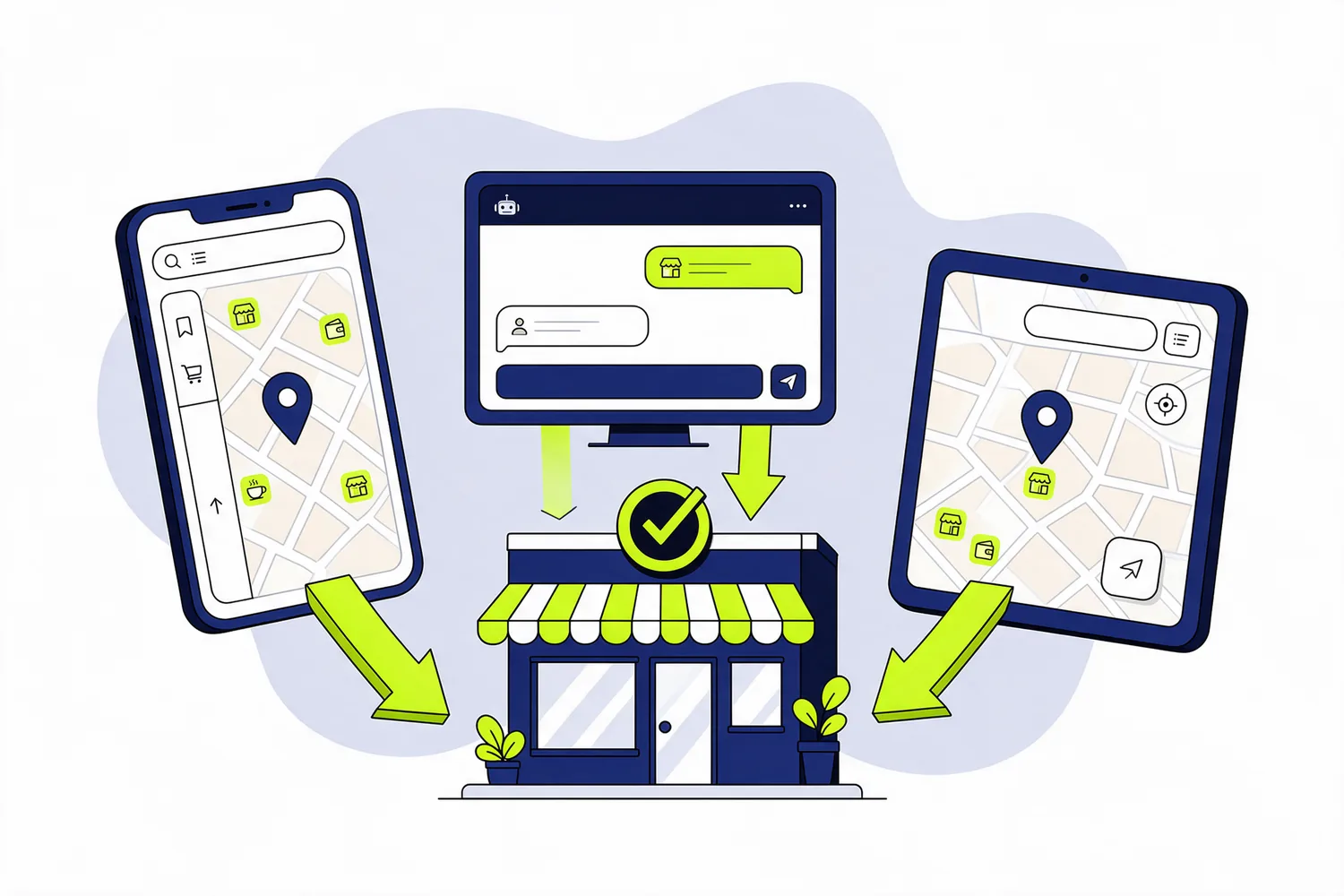 Illustration of two map apps and an AI chat window all pointing to the same small shop with a tick