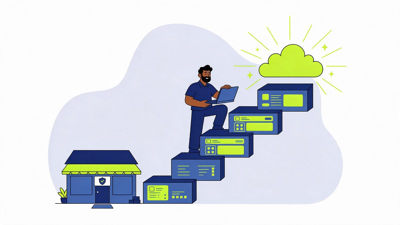 Illustration of a man with a laptop climbing a staircase of website blocks towards a bright cloud, with a sturdy shop at the base