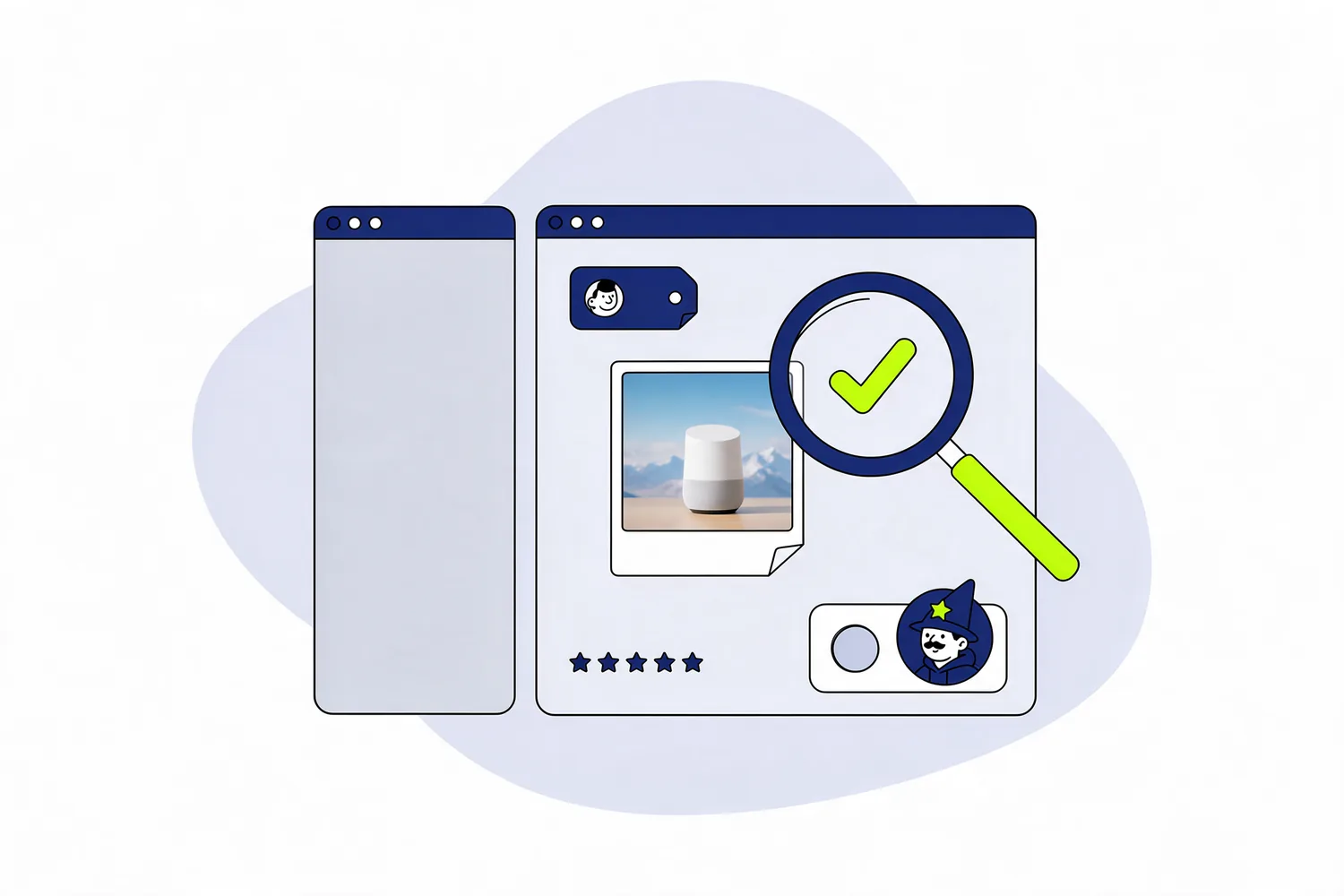 Illustration of an empty grey web page beside a page with a real photo, rating and author badge, checked by a magnifying glass