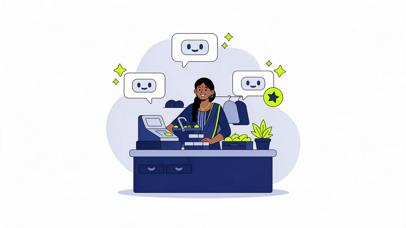 Illustration of a shopkeeper at her counter while three AI assistant chat bubbles point to her shop