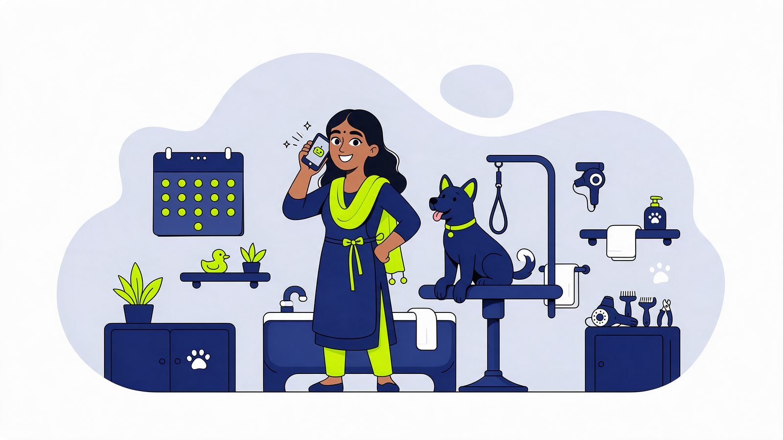 Illustration of a pet grooming salon owner answering a phone call from an AI assistant, with a booking calendar and a dog on the table