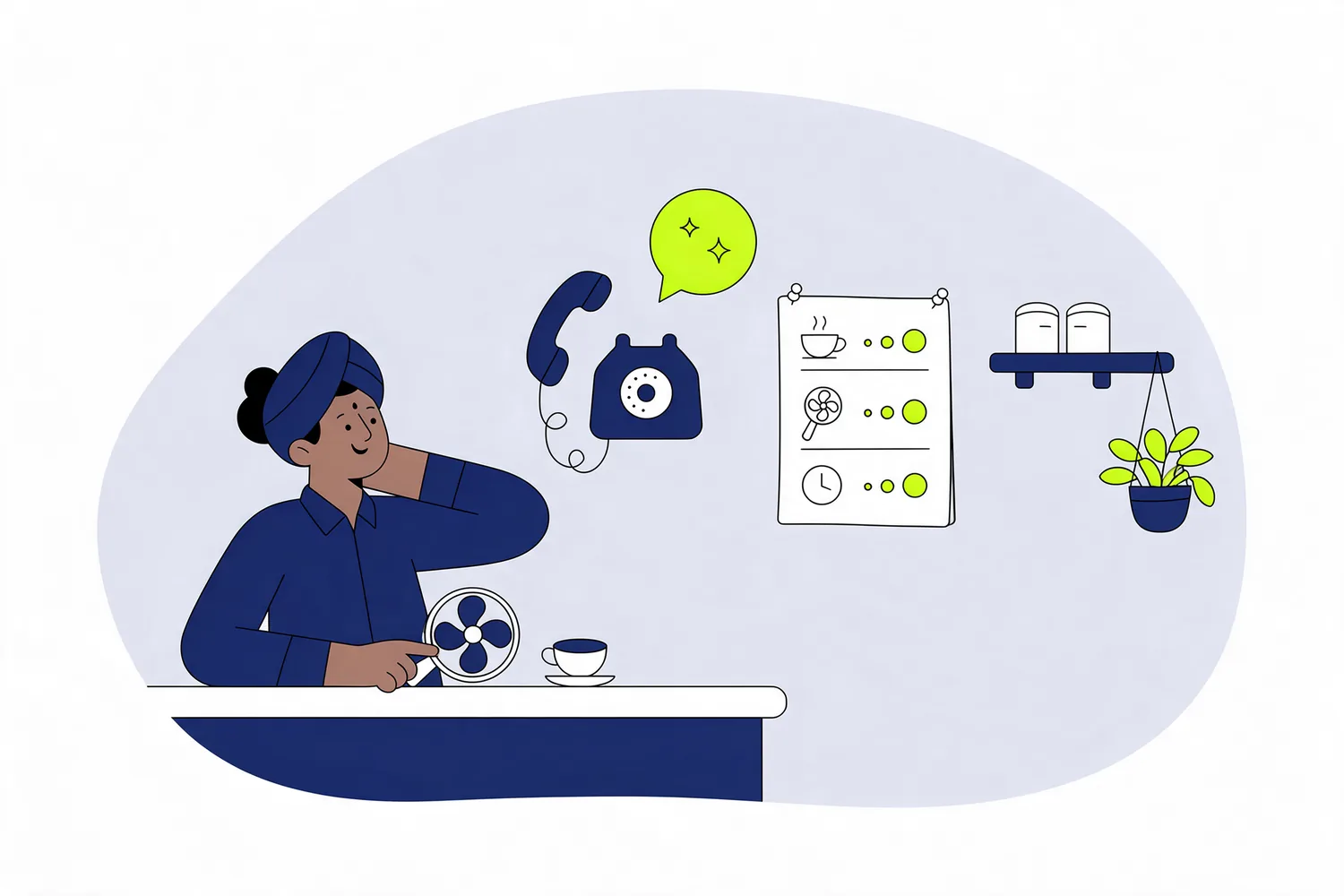Illustration of a shop owner on the phone beside a pinned card of prices and time slots