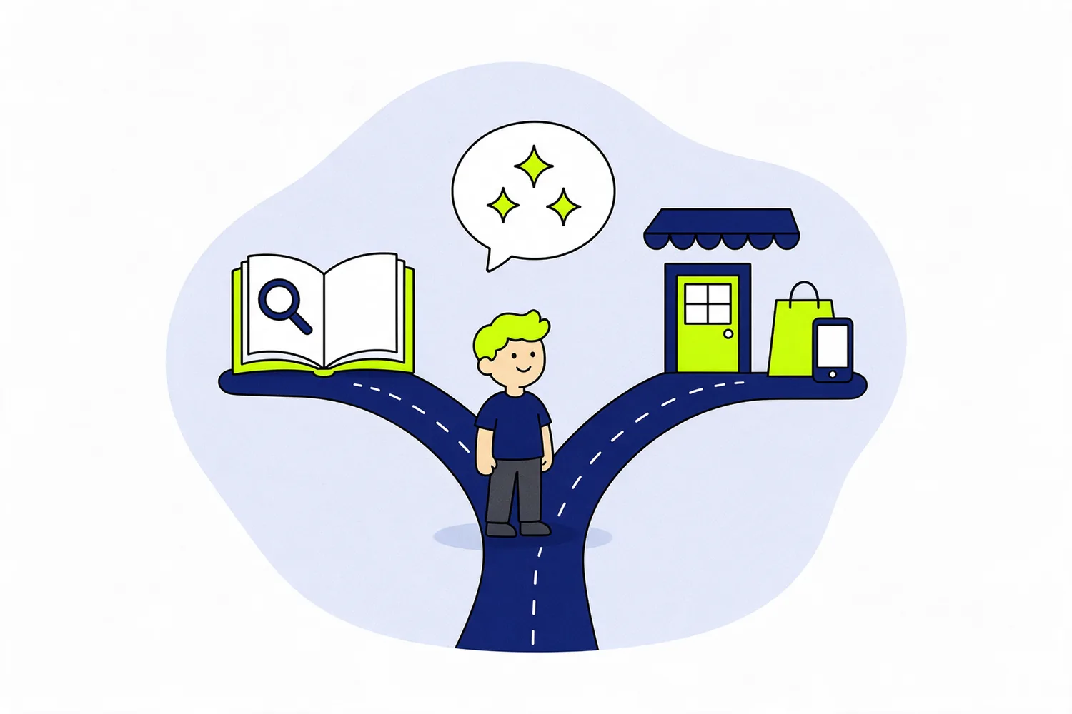 Illustration of a person at a fork in the road, with an open book on one path and a shop door on the other