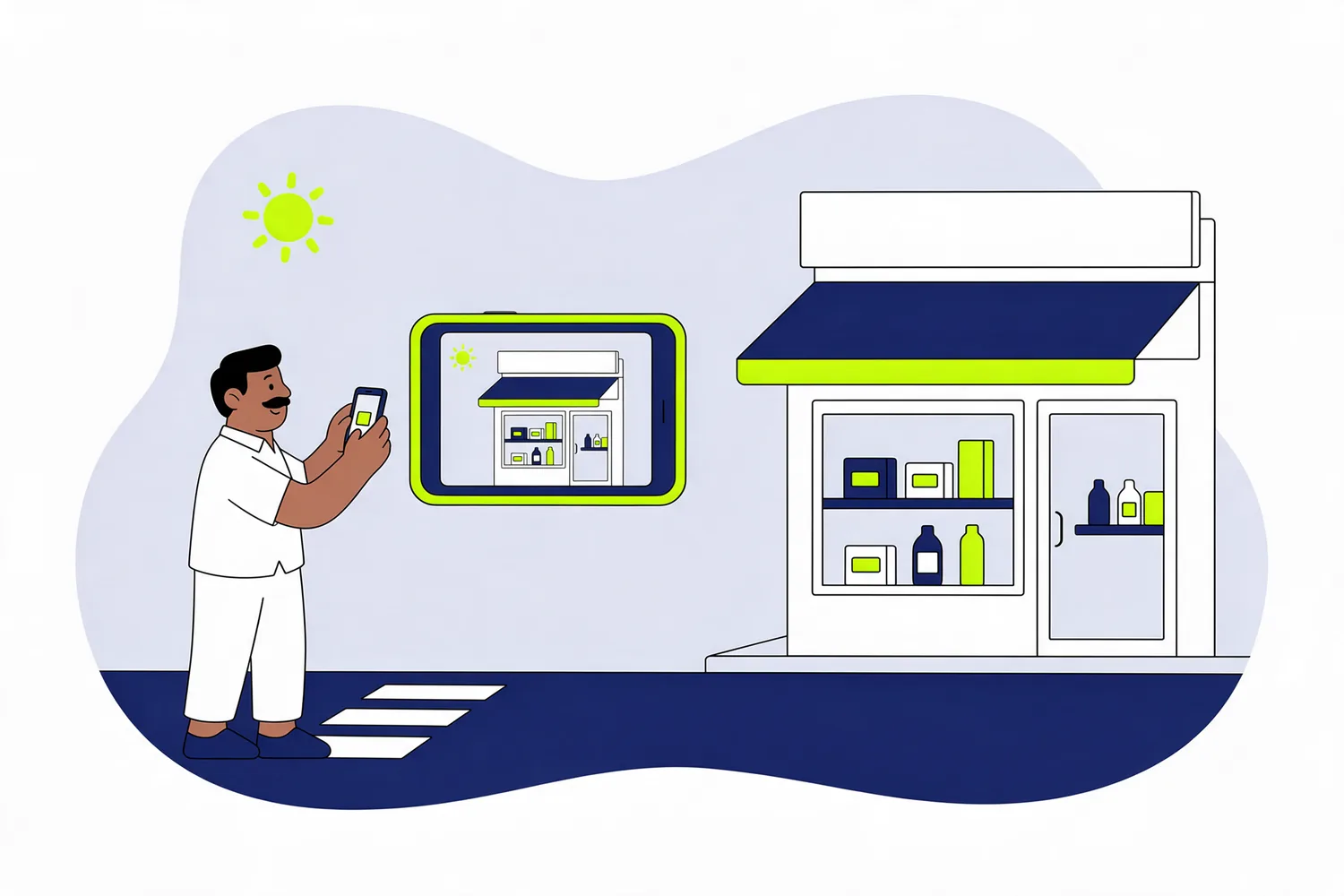 Illustration of a shop owner photographing his shopfront from across the street in daylight