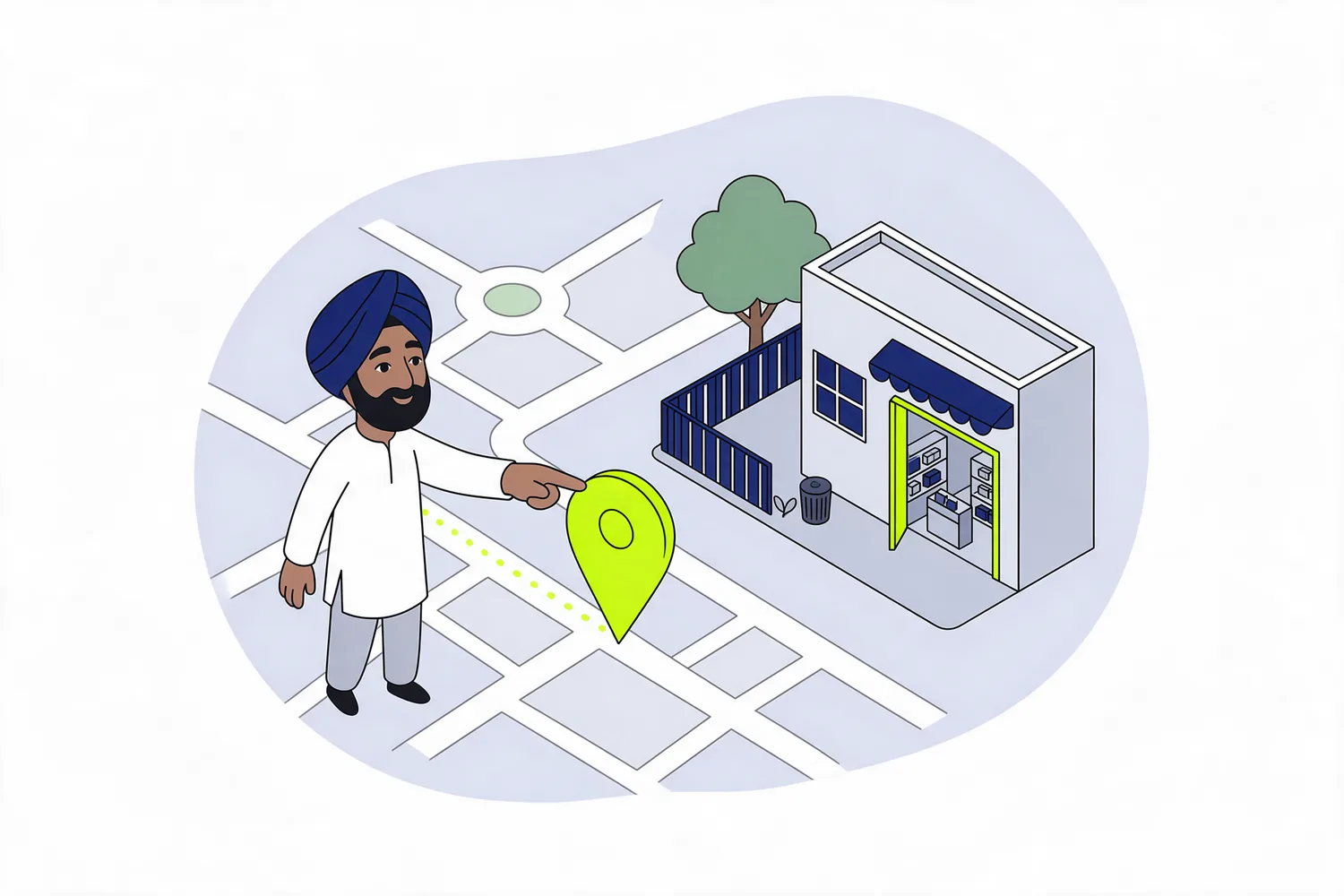Illustration of a shop owner moving a map pin onto the doorway of his shop