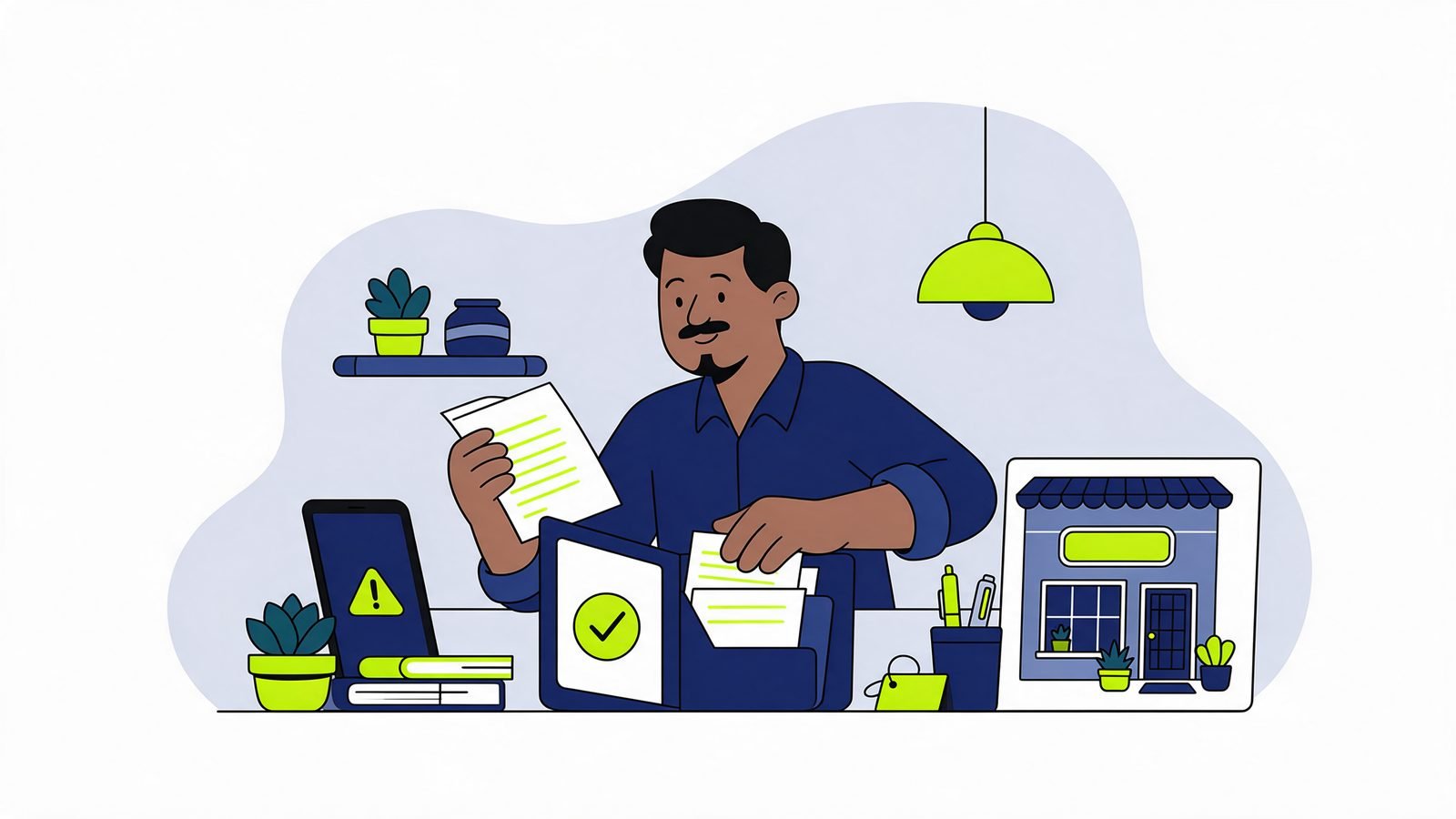 Illustration of a calm shop owner filing documents into a folder marked with a tick, beside a phone warning and a shopfront card