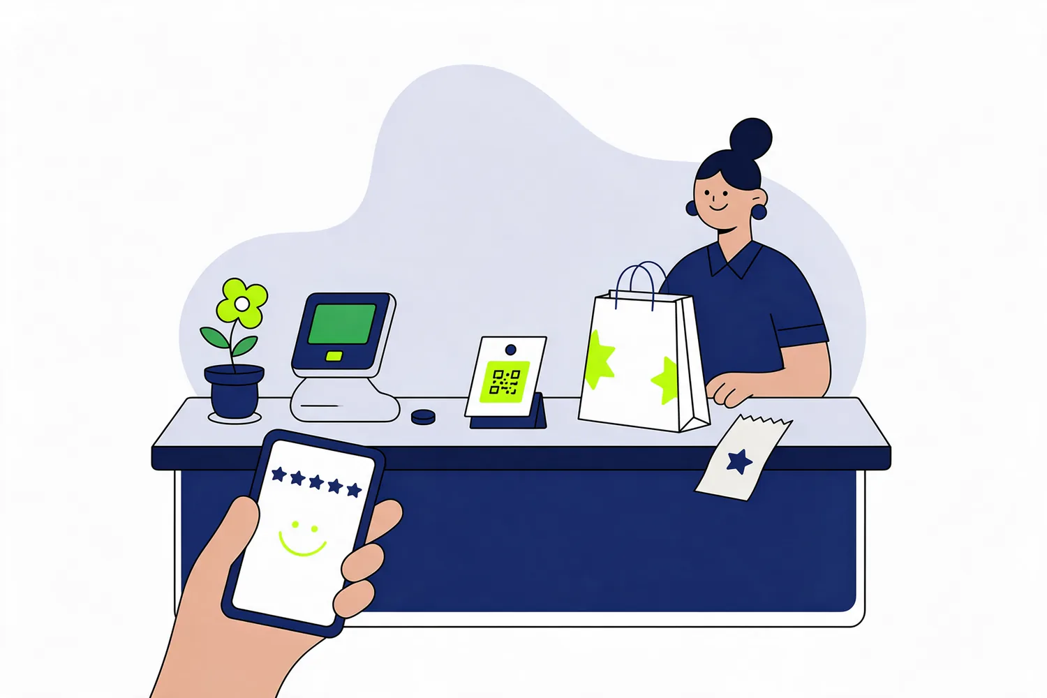 Illustration of a shop counter with a review code stand and a phone showing a five-star rating