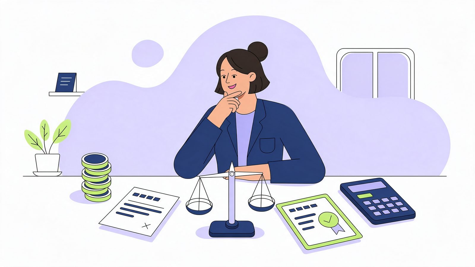 Illustration of a business owner comparing two quotes with a balance scale, calculator and coins