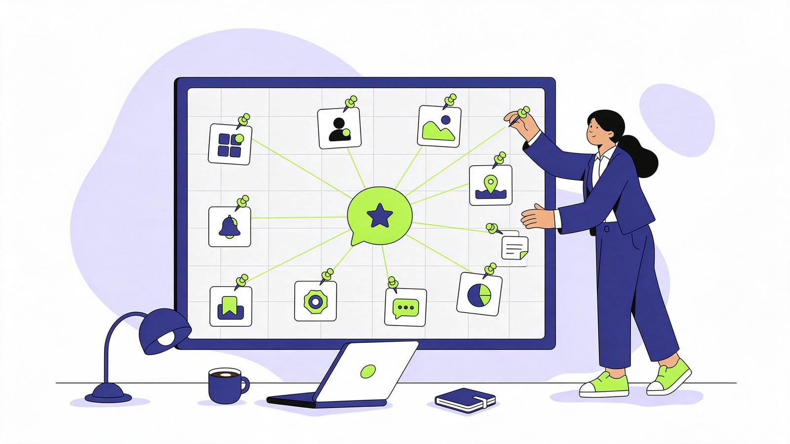 Illustration of a woman pinning website cards onto a board, all linked by lime threads to a central chat bubble with a star