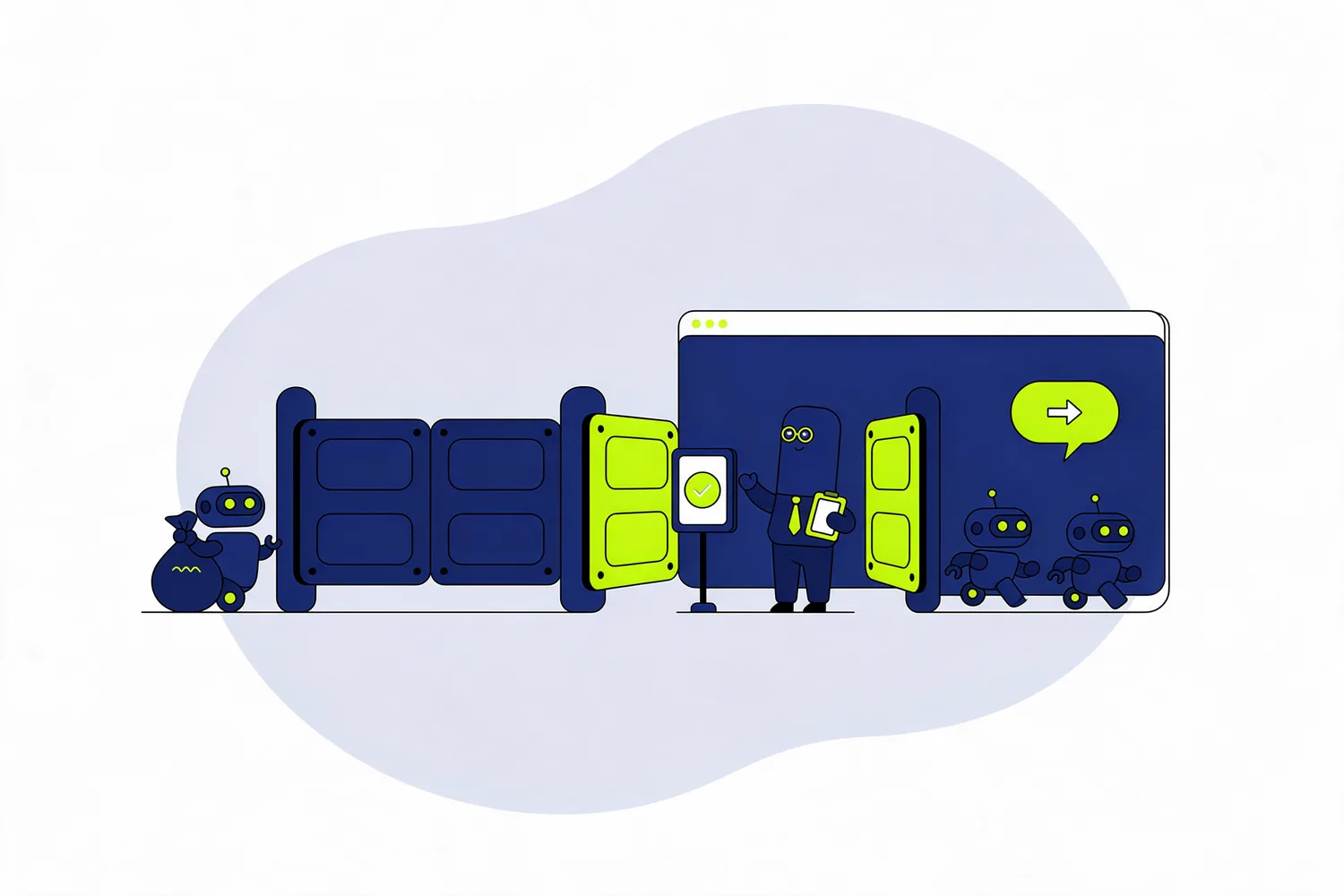 Illustration of a gate into a website, with some search robots let in and one robot carrying a sack waiting outside