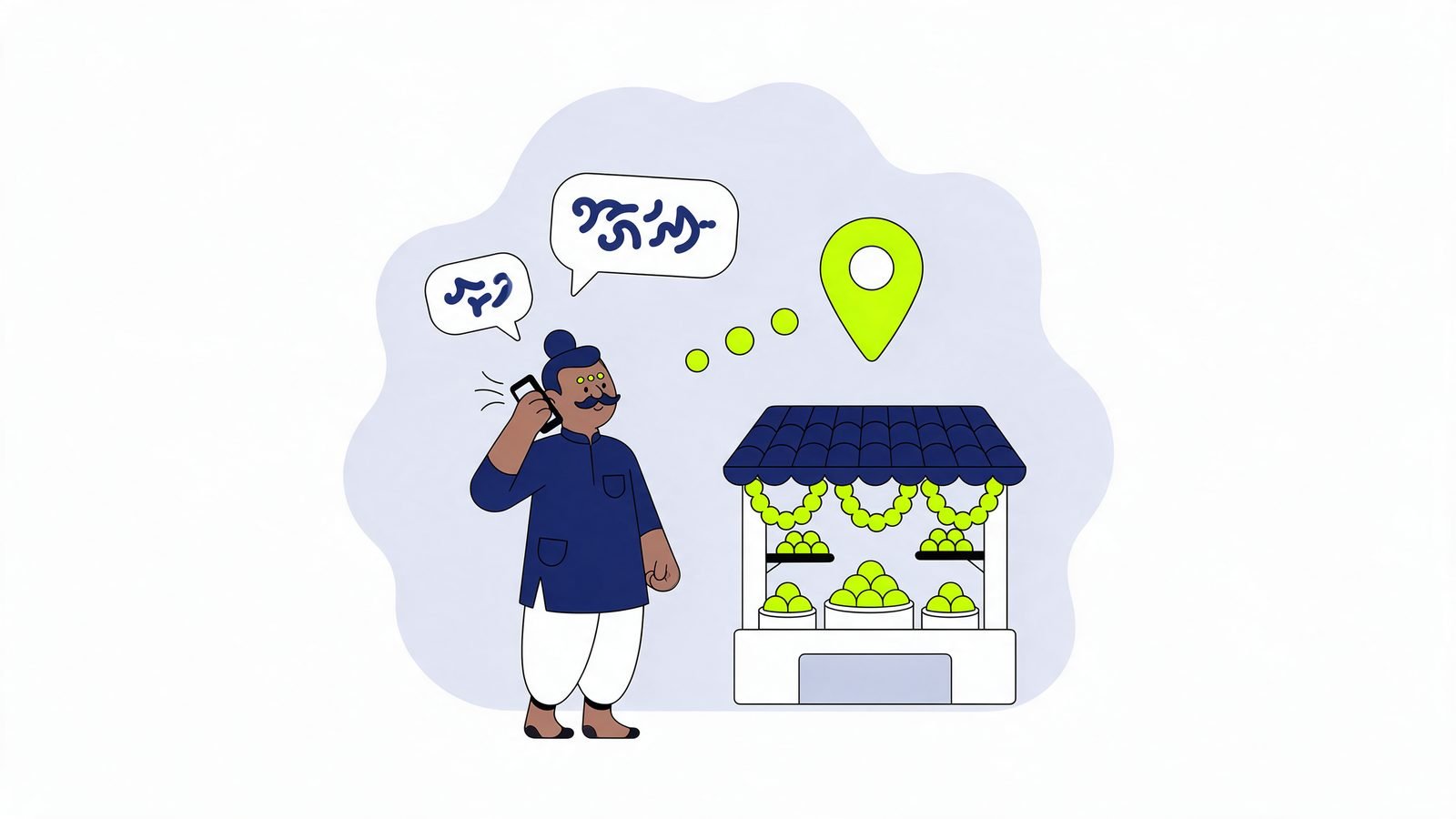 Illustration of an older man speaking into his phone with speech bubbles in Indian scripts and a map pin pointing to a sweet shop