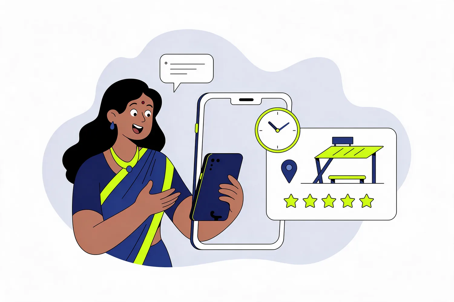 Illustration of a woman asking her phone a question and getting a business card with a clock, map pin, landmark and stars