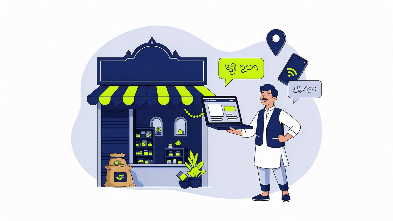 Illustration of an Indian shop owner holding up a laptop website outside his shop, with map pin and language speech bubbles