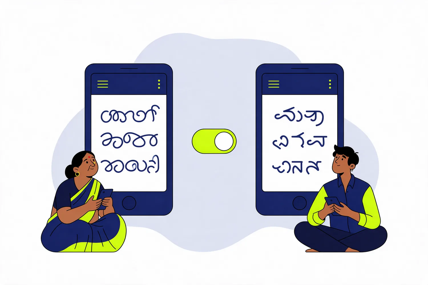 Illustration of two phones showing the same page in two Indian languages, joined by a language switch